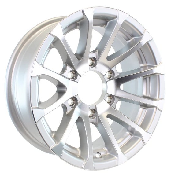 225/75R15 NOVAE ALUMINUM SPARE TIRE & WHEEL - SILVER 12 SPOKE AVALANCHE, 6 LUG, 6X5.5 - LRE