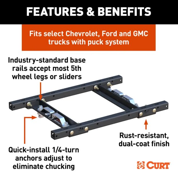 CURT PUCK SYSTEM 5TH WHEEL ADAPTER WITH RAILS, FOR SELECT CHEVY, FORD, GMC - 25K