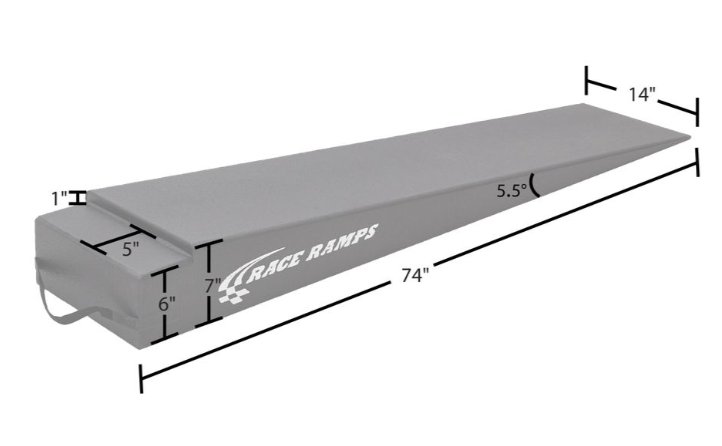 RACE RAMP - 7" H TRAILER RAMP, 5.5 DEGREE APPROACH ANGLE, NOTCH RAMP, 74"x14"x7"-6"