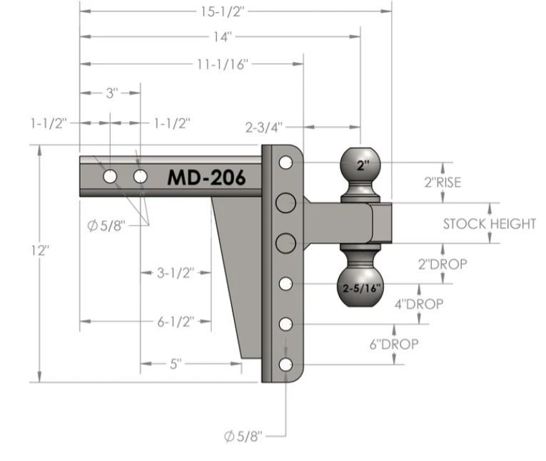 BULLETPROOF HITCHES 2-BALL MOUNT FOR 2" HITCH, 6" DROP, 6" RISE - 14K
