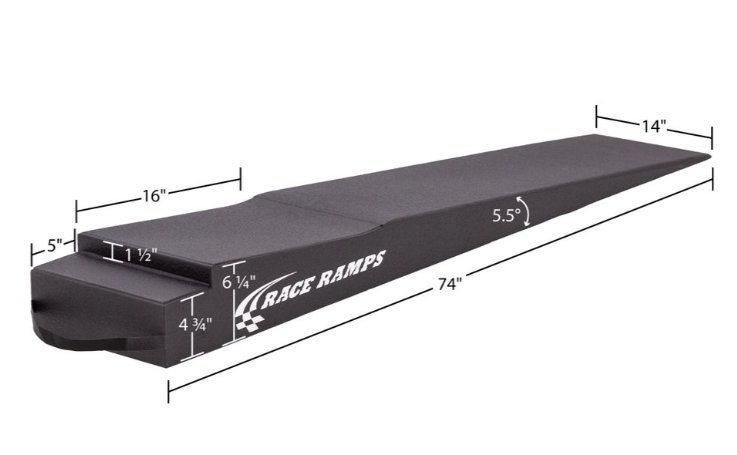 RACE RAMP - 7" H TRAILER RAMP, 5.5 DEGREE APPROACH ANGLE, WITH FLAP CUT OUT, 74"x14"x6-1/4"-4-3/4"