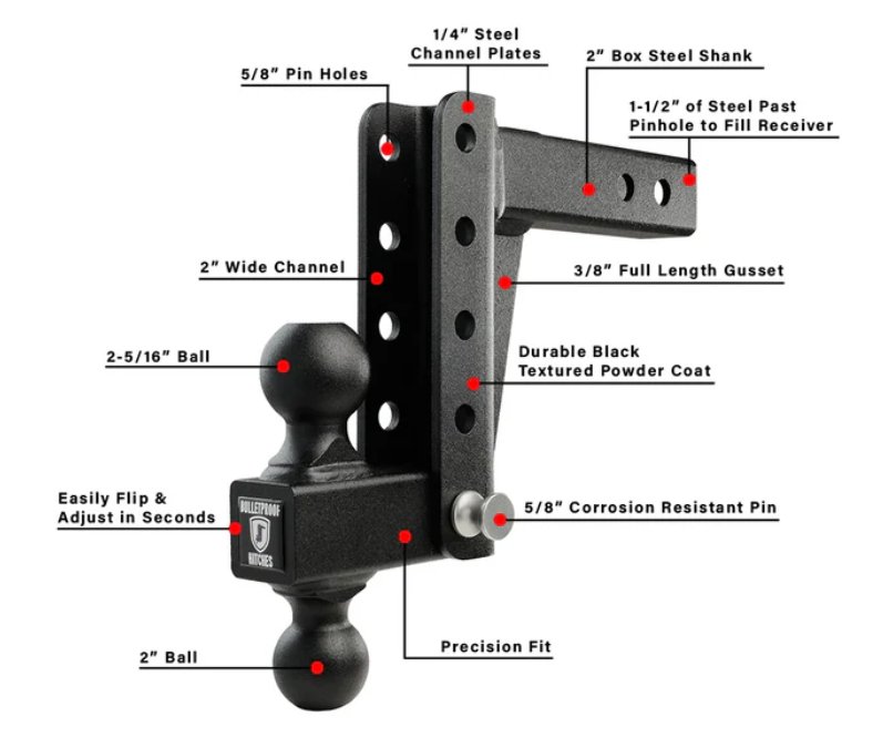BULLETPROOF HITCHES 2-BALL MOUNT FOR 2" HITCH, 2" & 2-5/16" BALL, 6" DROP, 6" RISE, BLACK, - 10K