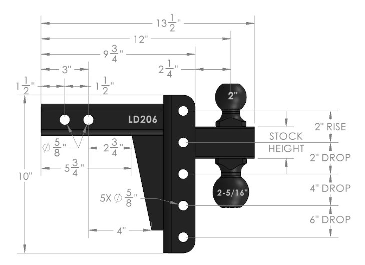 BULLETPROOF HITCHES 2-BALL MOUNT FOR 2" HITCH, 2" & 2-5/16" BALL, 6" DROP, 6" RISE, BLACK, - 10K