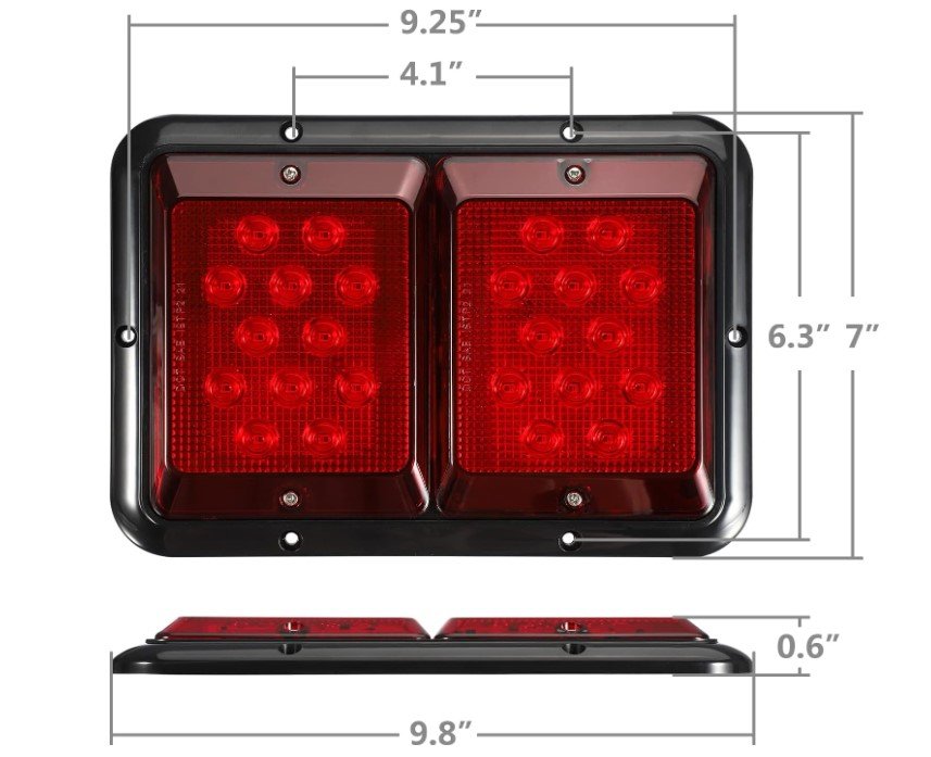 PARTSAM DOUBLE LED TAIL LIGHT, RED LENS, BLACK BASE - RV STYLE, FOR TRAILER, 9.25"X6.3"X0.6" 12V