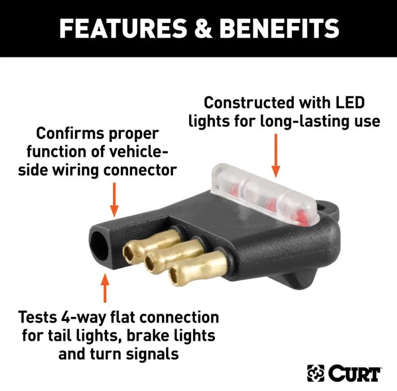 CURT 4-WAY / 4-PIN FLAT SOCKET CIRCUIT TESTER, LED FOR VEHICLE END, RETAIL PACKAGED