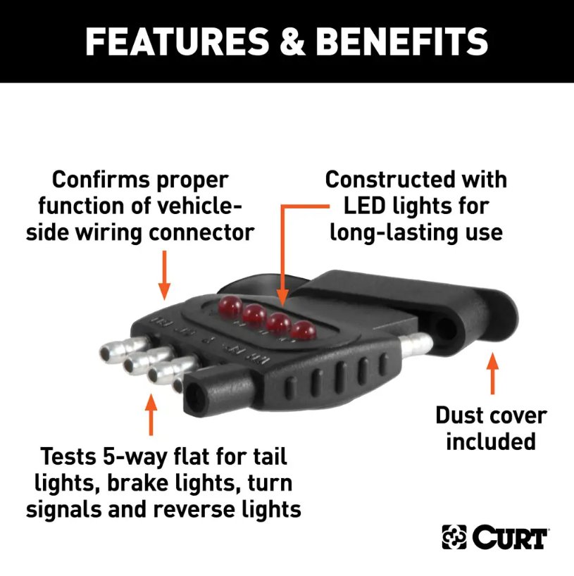 CURT 5-WAY / 5-PIN FLAT SOCKET CIRCUIT TESTER, LED FOR VEHICLE END