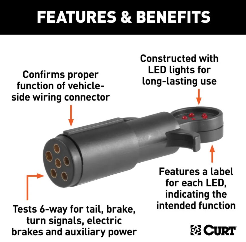 CURT 6-WAY ROUND SOCKET CIRCUIT TESTER, LED FOR VEHICLE END
