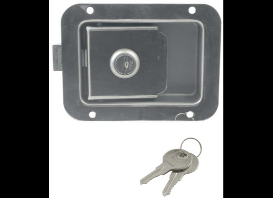 JUNIOR LOCKING STAINLESS STEEL FLUSH DOOR LATCH, LOCKING 2-3/4"X3-3/4" HOLE SIZE, W/ KEYS