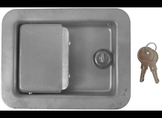 LOCKING STEEL FLUSH DOOR LATCH, LOCKING 3-3/8" X 4-5/8" HOLE SIZE, W/ KEYS