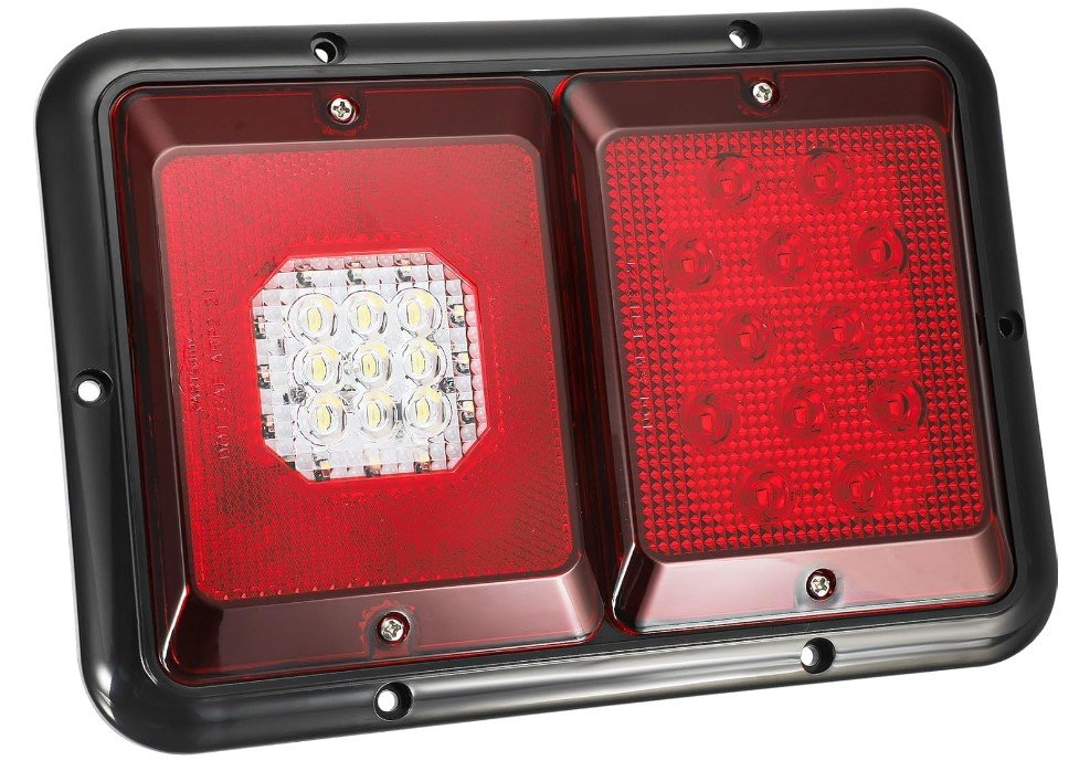 PARTSAM DOUBLE LED TAIL LIGHT W/ REVERSE LIGHT, RED LENS, BLACK BASE - RV STYLE, 9.25"X6.3"X0.6" 12V