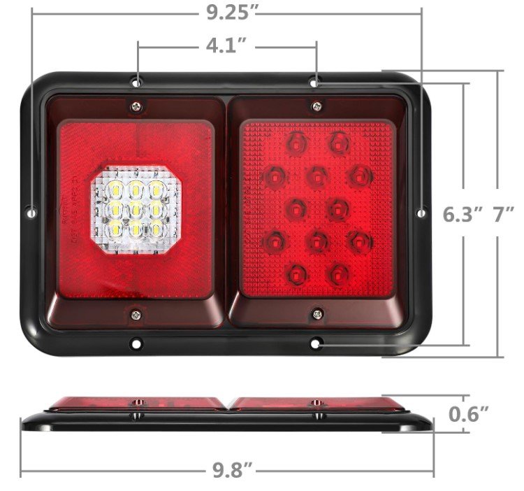 PARTSAM DOUBLE LED TAIL LIGHT W/ REVERSE LIGHT, RED LENS, BLACK BASE - RV STYLE, 9.25"X6.3"X0.6" 12V