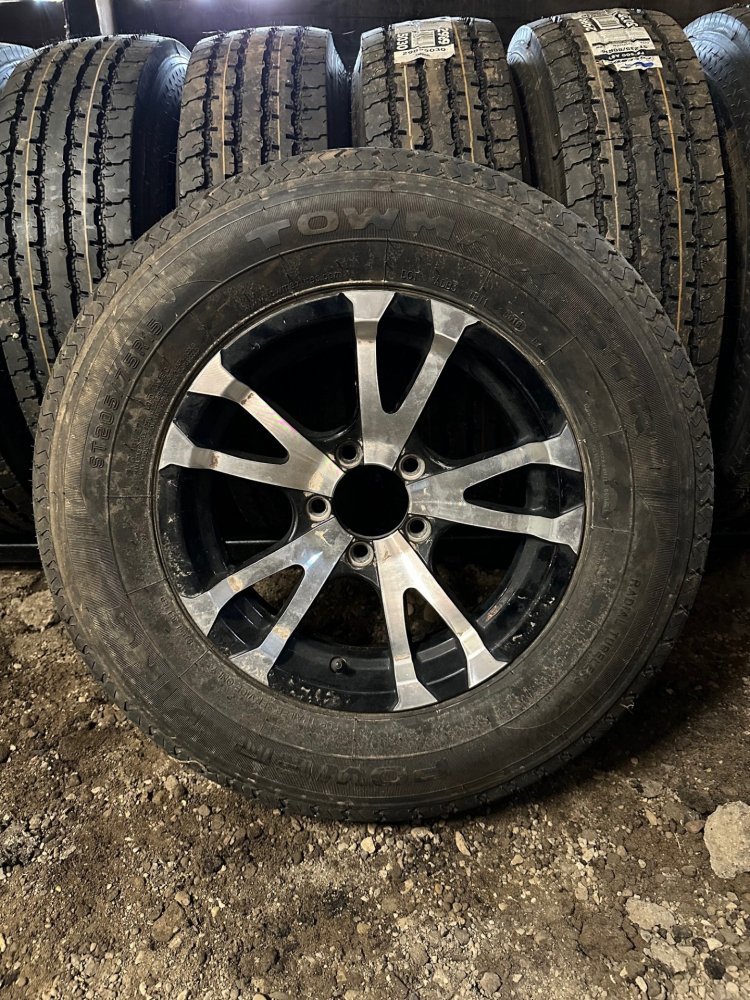 205/75R15 SPARE TIRE & WHEEL - ALUMINUM SPLIT 5 SPOKE, BLACK AND POLISHED, 5 LUG 5X4.5