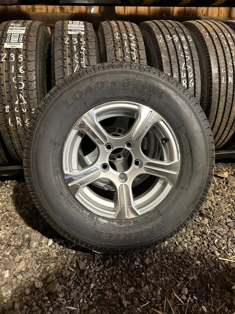 ST175/80R13 LOADSTAR KARRIER ALUMINUM WHEEL AND TIRE, 5 SPOKE, POLISHED, 5 LUG, 5X4.5