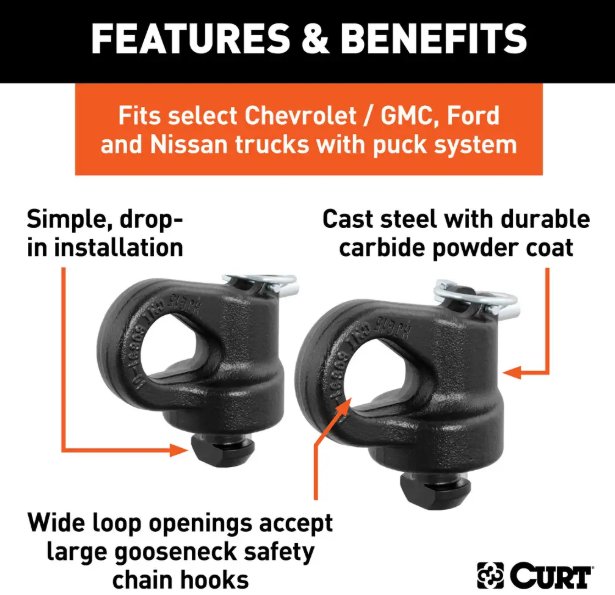 CURT OEM PUCK SYSTEM GOOSENECK SAFETY CHAIN ANCHORS (PAIR) 38K, FOR CHEVY, FORD, GMC AND NISSAN