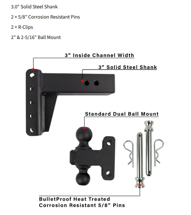 BULLETPROOF HITCHES 2-BALL MOUNT FOR 3" HITCH, 4" DROP, 4" RISE - 36K