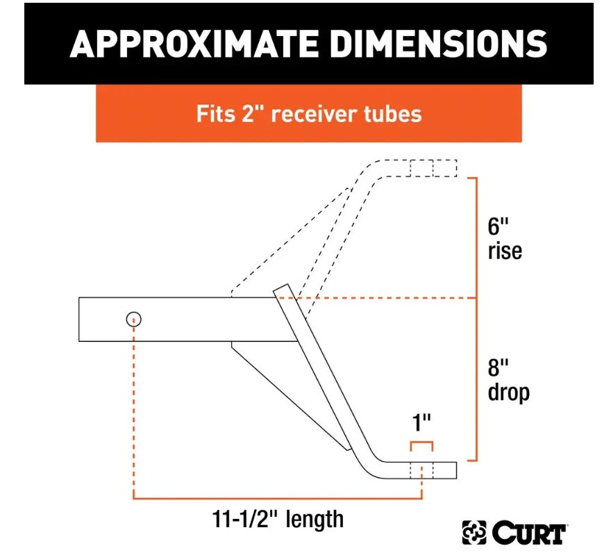 CURT BALL MOUNT 2" HITCH, 8" DROP, 6" RISE, 11-1/2" LONG, 1" SHANK, 5K, CLASS 3