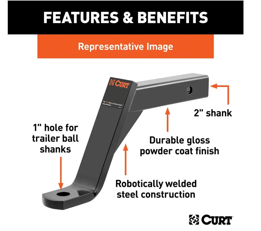 CURT BALL MOUNT 2" HITCH, 8" DROP, 6" RISE, 11-1/2" LONG, 1" SHANK, 5K, CLASS 3