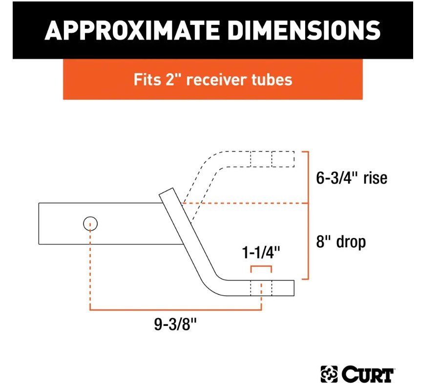 CURT BALL MOUNT 2" HITCH, 8" DROP, 6-3/4" RISE, 9-3/8" LONG, 1-1/4" SHANK, 10K, CLASS 4