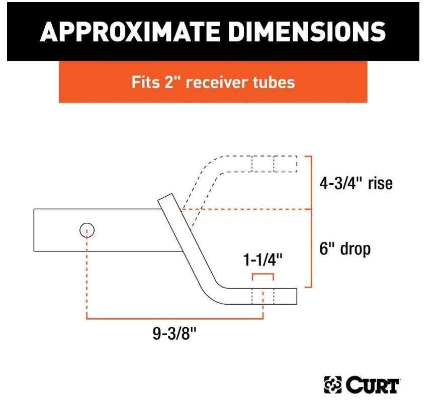 CURT BALL MOUNT 2" HITCH, 6" DROP, 4-3/4" RISE, 9-3/8" LONG, 1-1/4" SHANK, 10K, CLASS 4