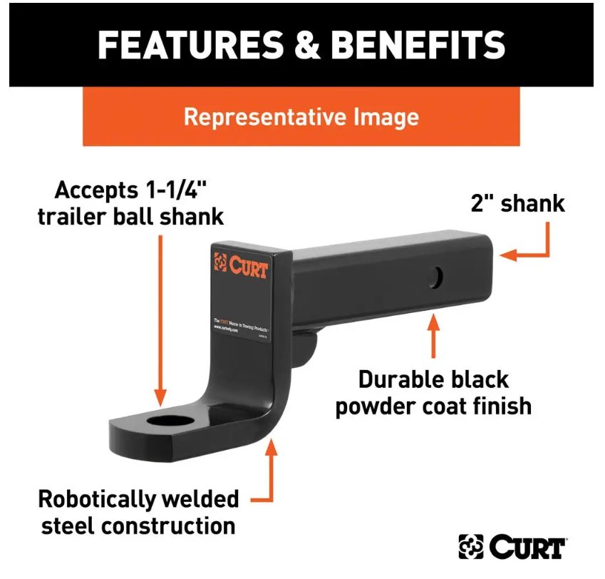CURT BALL MOUNT 2" HITCH, 6" DROP, 4-3/4" RISE, 9-3/8" LONG, 1-1/4" SHANK, 10K, CLASS 4