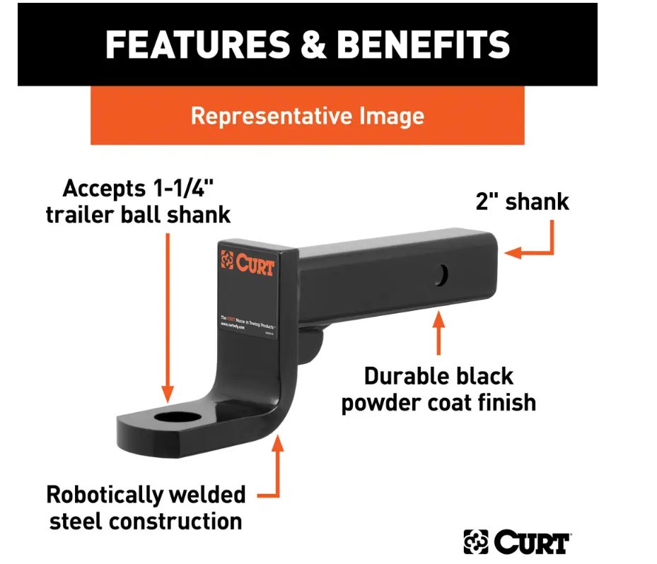 CURT BALL MOUNT 2" HITCH, 4" DROP, 2-3/4" RISE, 9-3/8" LONG, 1-1/4" SHANK, 10K, CLASS 4