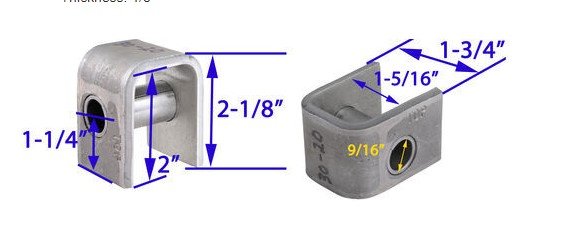 REAR HANGER FOR 1-3/4" DOUBLE EYE SPRINGS, 9/16" HOLE , 0.91"T X 9/16" BOLT HOLE