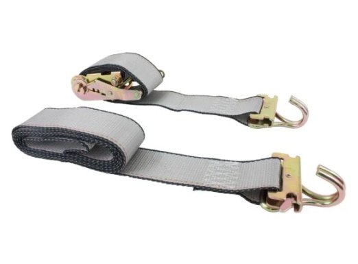 2" E-TRACK RATCHET STRAP WITH WIRE J HOOK, GRAY, 16' LENGTH, 500lbs WLL