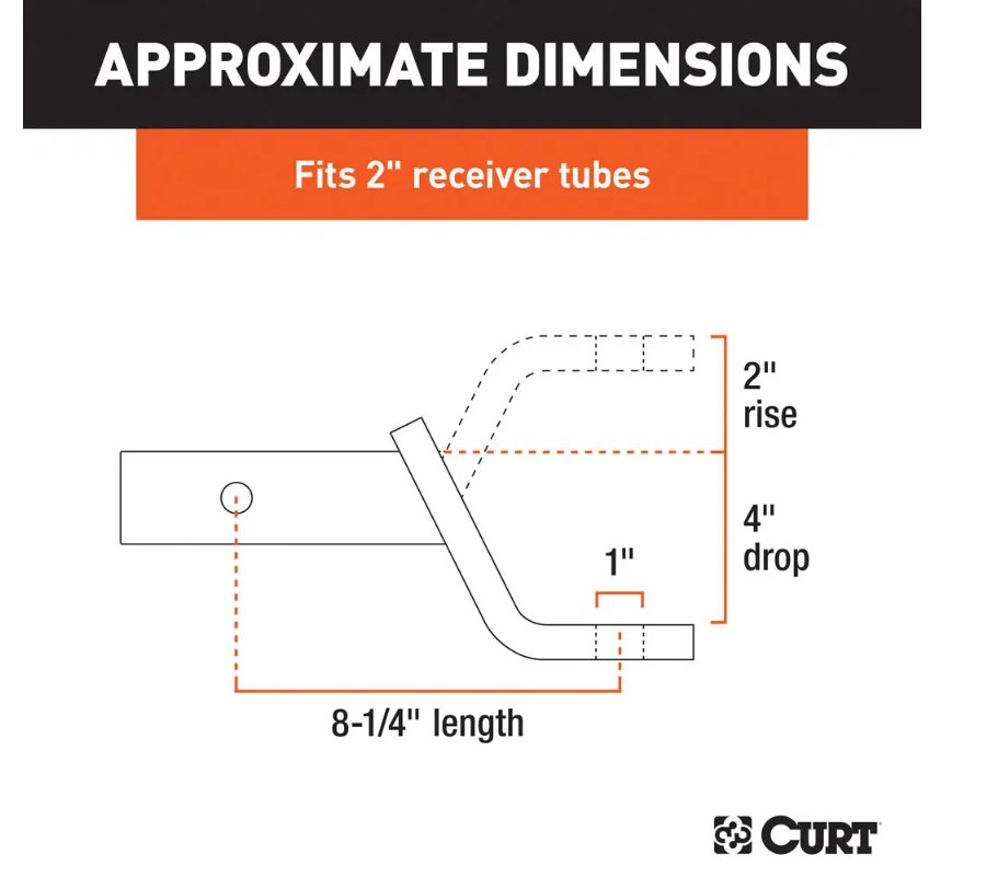 CURT BALL MOUNT 2" HITCH, 4" DROP, 2" RISE, 8-1/4" LONG, 1" SHANK, 7.5K, CLASS 3