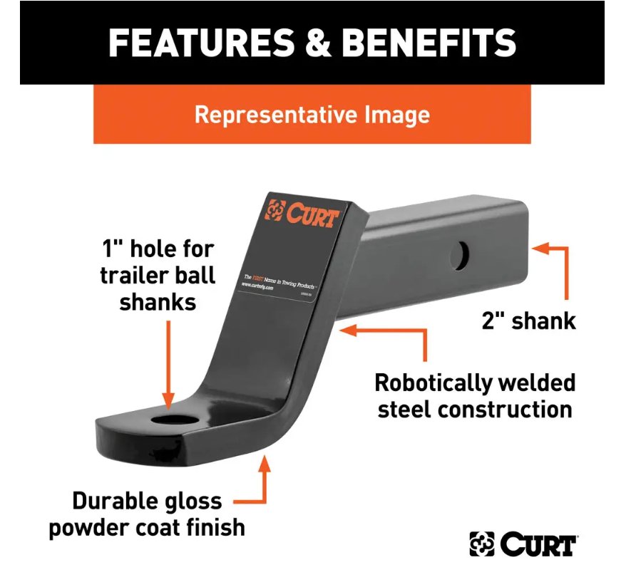 CURT BALL MOUNT 2" HITCH, 4" DROP, 2" RISE, 8-1/4" LONG, 1" SHANK, 7.5K, CLASS 3