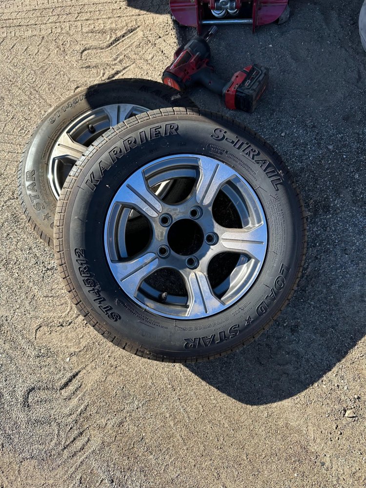 ST145R12 Loadstar Karrier Aluminum Wheel and Tire, 5 Spoke Polished and Gunmetal, 5 on 4.5 , 5x4.5