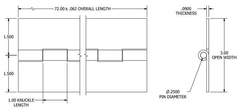 PIANO HINGE, 6' L X 3" W, 1/4" PIN DIAMETER - ALUMINUM