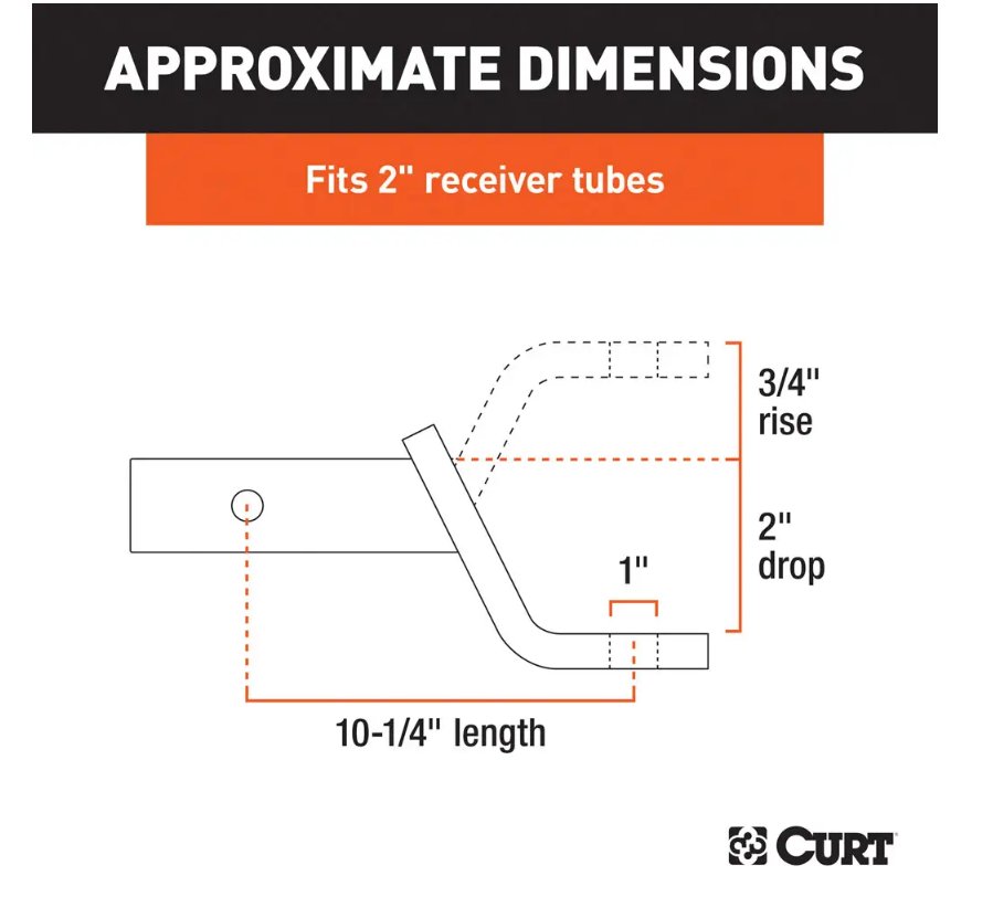 CURT BALL MOUNT 2" HITCH, 2" DROP, 3/4" RISE, 10-1/4" LONG, 1" SHANK, 7.5K, CLASS 3