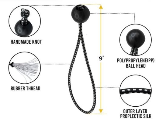9" BALL BUNGEE CORD FOR TIE DOWN, STRETCHES TO 13.5", 33lbs WLL, 100lbs MAX