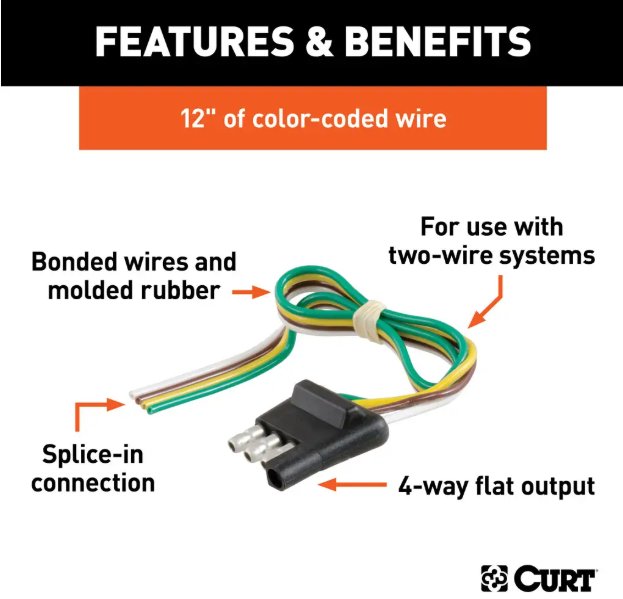 4-WAY 4-POLE FLAT WIRING CONNECTOR WITH 12" WIRES, TRAILER SIDE, WIRING HARNESS