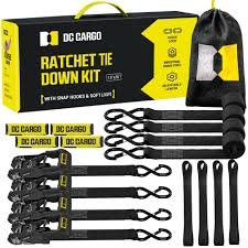 1.5X15 Ratchet Strap Tiedown Kit 4 Straps, 4 Soft Loops, 1 Drawstring Bag