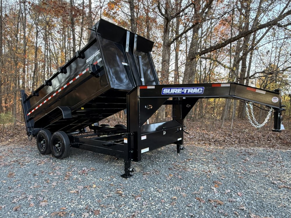7X14 14K SURE TRAC HD LOW PRO 4' SIDES & TELESCOPIC HOIST GOOSENECK DUMP