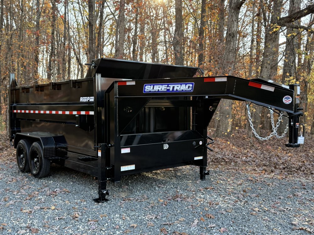 7X14 14K SURE TRAC HD LOW PRO 4' SIDES & TELESCOPIC HOIST GOOSENECK DUMP