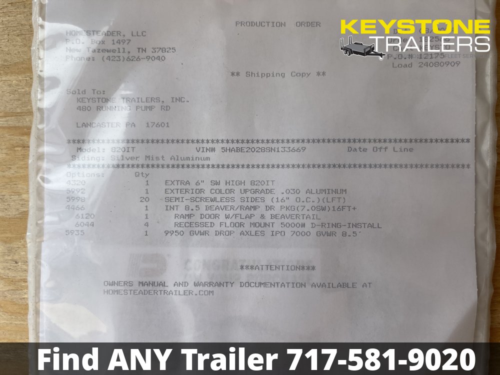 2025 Homesteader Trailers - 820IT - Silver Mist - 8.5x20 - 9,950#