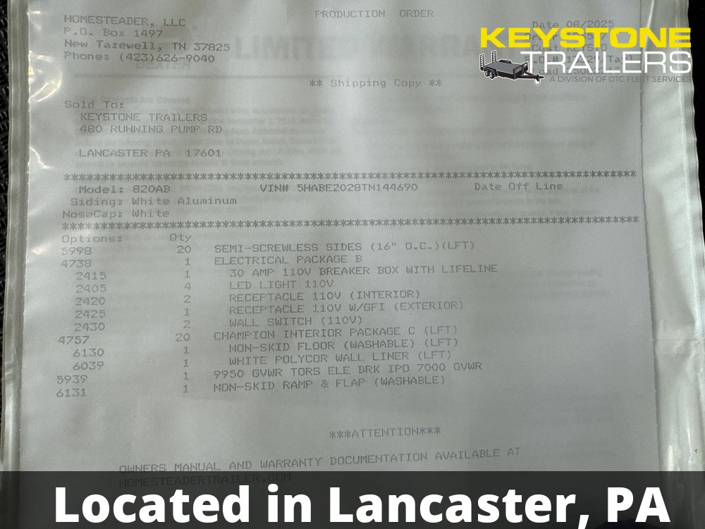 2026 Homesteader Trailers - 820AB - White - 8.5x20 - 9,950#