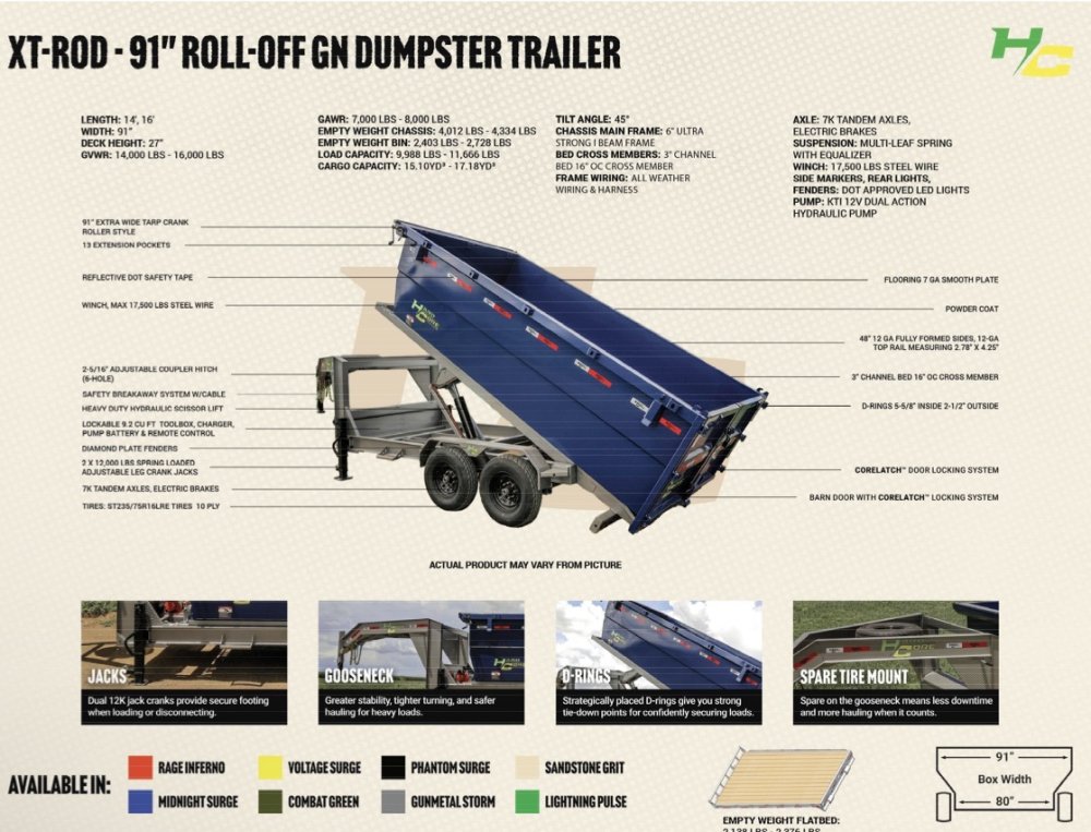7'x16' HARDCORE TRAILERS Roll Off Dump