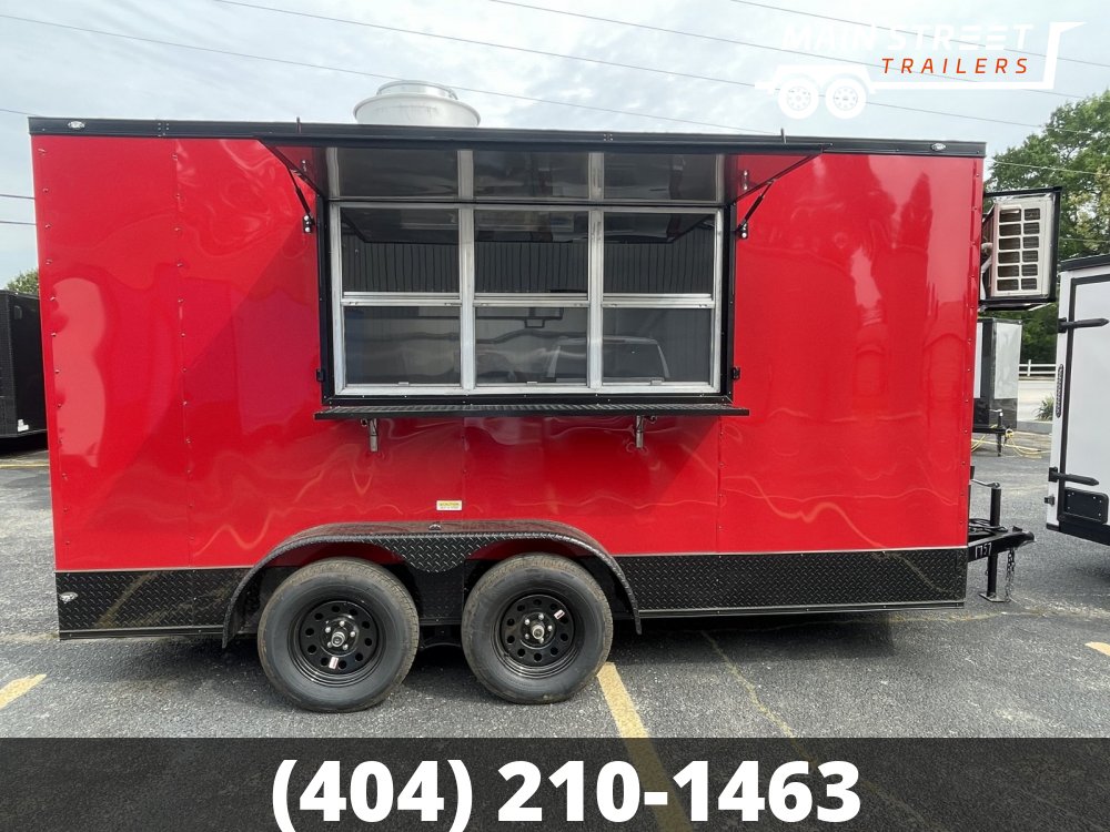 7X14 CONCESSION TRAILER RED BLACKOUT WITH ELITE PCKG AND 8' EXUAST HOOD