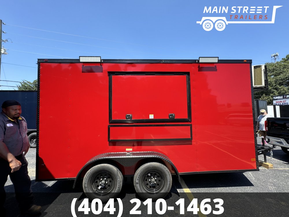 7X14 RED POLYCORE CONCESSION TRAILER 7' OVERHEAD CABINETS