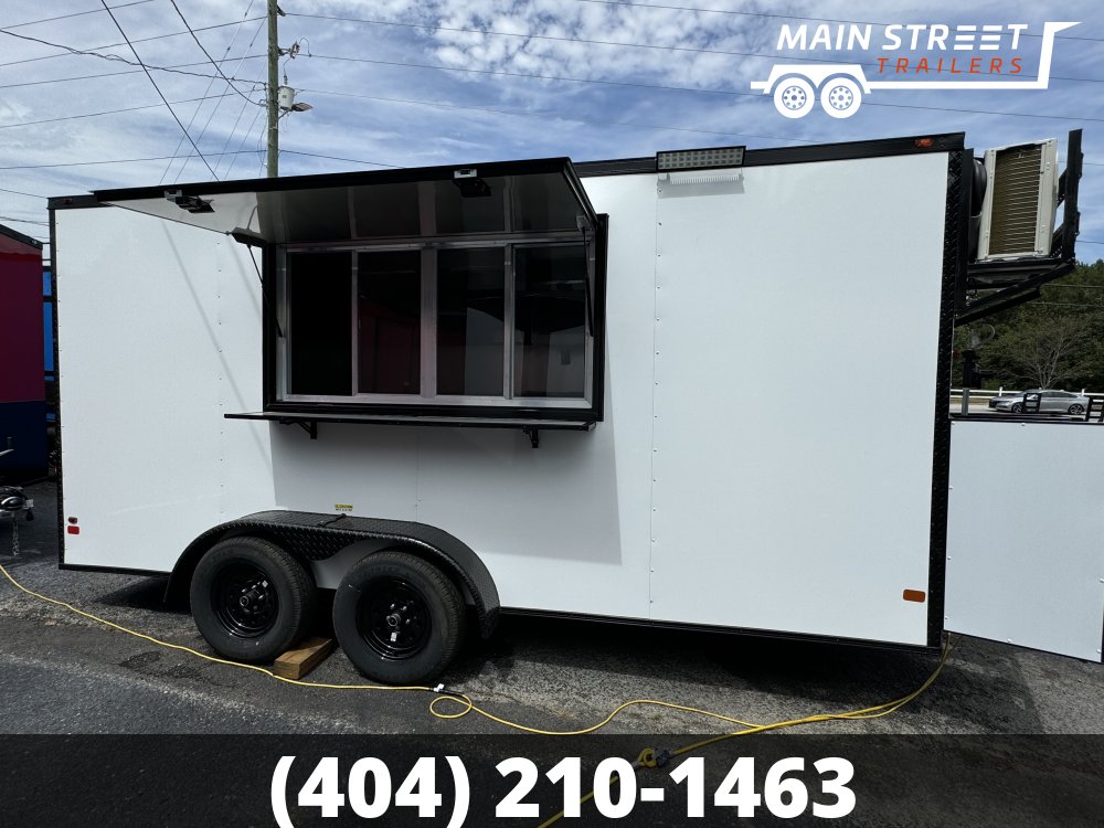 7X16 WHITE POLYCORE CONCESSION TRAILER WITH 9' HOOD AND 4 GAS LINES