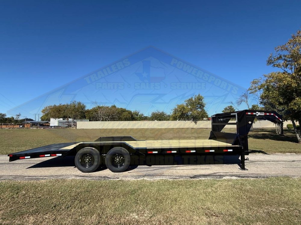 2026 DELCO 102" X 24' GOOSENECK FLATBED TRAILER W/DRIVE OVER FENDERS, SLIDE IN RAMPS, AND SPARE 14K-