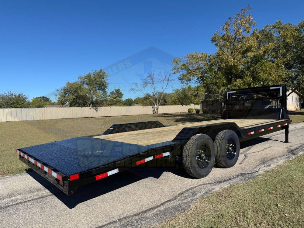 2026 DELCO 102" X 24' GOOSENECK FLATBED TRAILER W/DRIVE OVER FENDERS, SLIDE IN RAMPS, AND SPARE 14K-