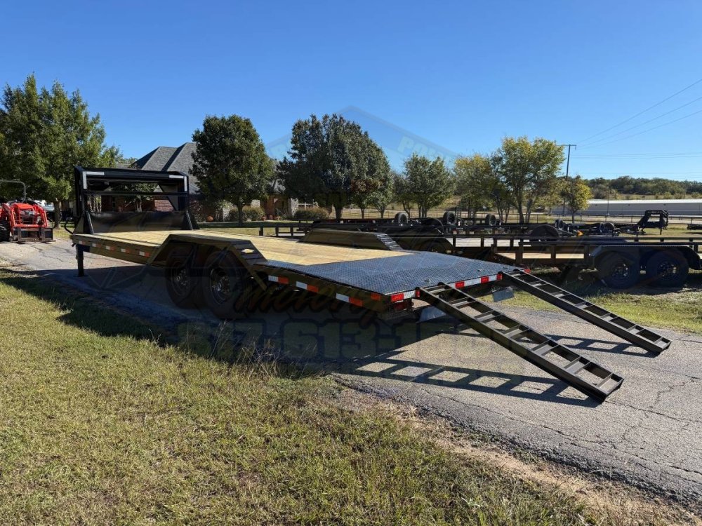 2026 DELCO 102" X 24' GOOSENECK FLATBED TRAILER W/DRIVE OVER FENDERS, SLIDE IN RAMPS, AND SPARE 14K-