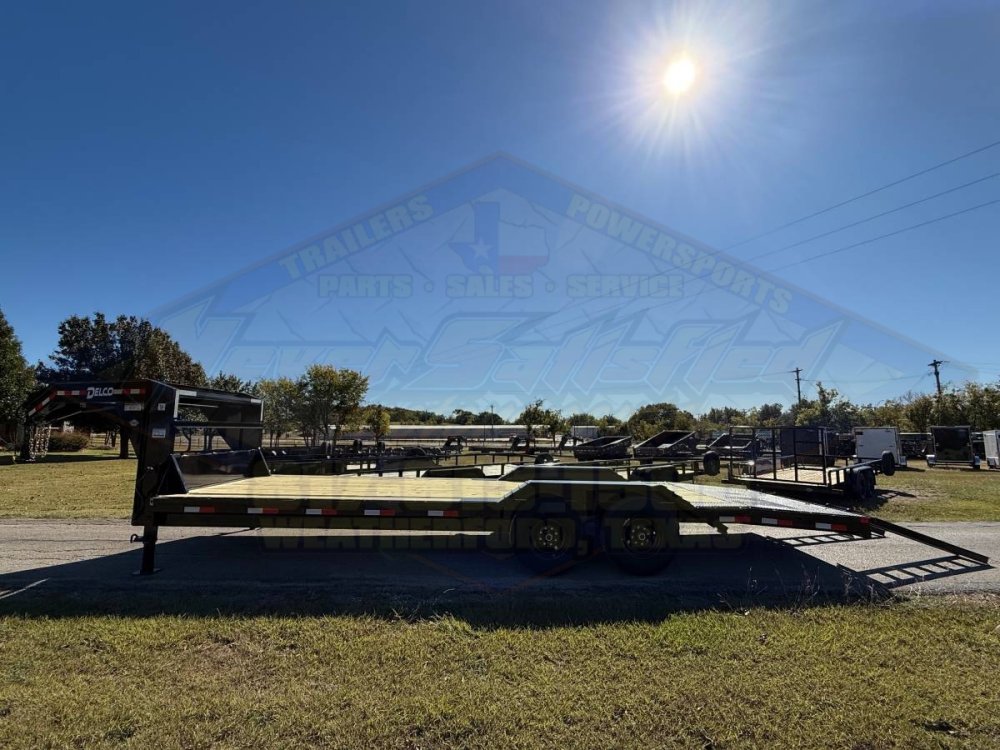 2026 DELCO 102" X 24' GOOSENECK FLATBED TRAILER W/DRIVE OVER FENDERS, SLIDE IN RAMPS, AND SPARE 14K-