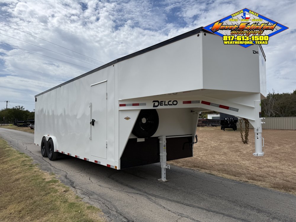 2027 DELCO E224 8' X 24' GOOSENECK ENCLOSED CARGO TRAILER WITH SPRING ASSISTED RAMP GATE AND SPARE 1
