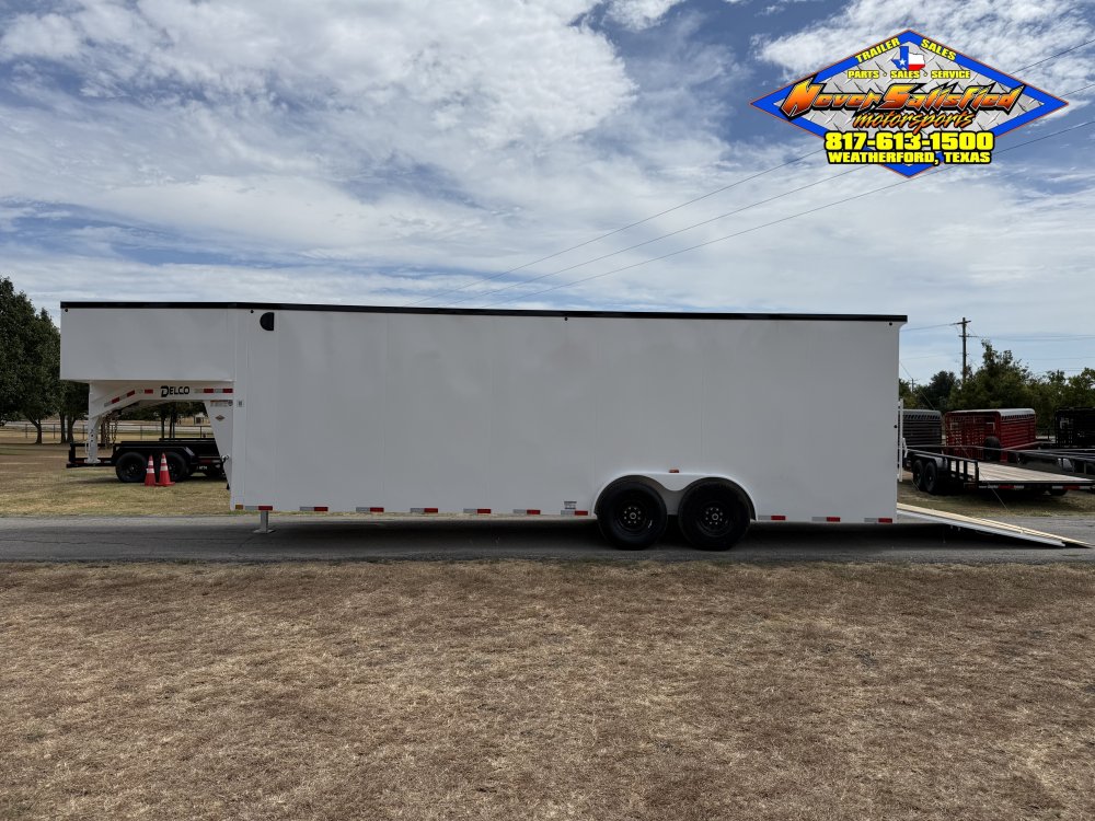 2027 DELCO E224 8' X 24' GOOSENECK ENCLOSED CARGO TRAILER WITH SPRING ASSISTED RAMP GATE AND SPARE 1