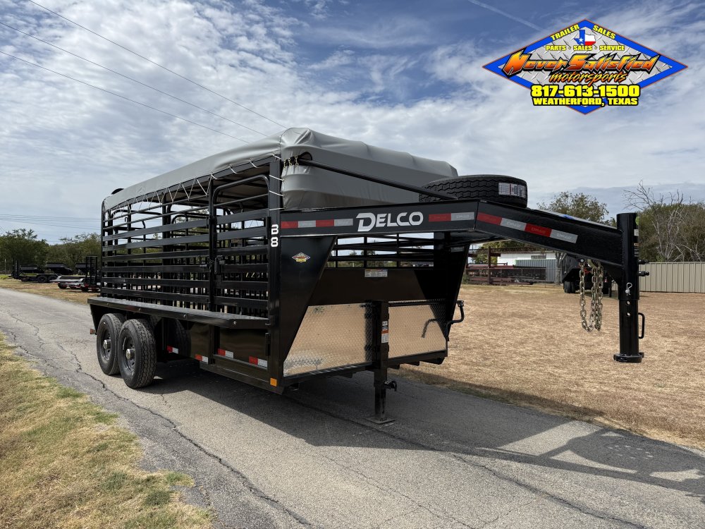 2027 DELCO 6'8" X 16' BAR TOP BUMPER PULL CATTLE TRAILER WITH SPARE 14K-GVWR